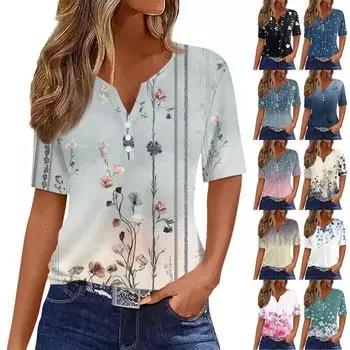 Женская футболка с принтом на пуговицах, короткий рукав, туника, повседневная, выходного дня, модная, базовая, с V-образным вырезом, стандартный топ M