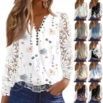 Женская футболка с принтом на пуговицах, кружевом, длинными рукавами, повседневная мода на выходные, базовый топ с V-образным вырезом L армия зеленый