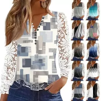 Женская футболка с принтом на пуговицах, кружевом, длинными рукавами, повседневная мода на выходные, базовый топ с V-образным вырезом L чёрный