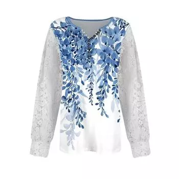 Женская футболка с принтом на пуговицах, кружевом, длинными рукавами, повседневная мода на выходные, базовый топ с V-образным вырезом XXL