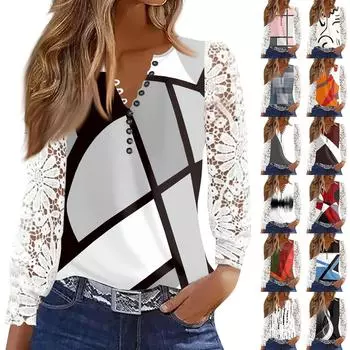 Женская футболка с принтом на пуговицах, кружевом, длинными рукавами, повседневная мода на выходные, базовый топ с V-образным вырезом L бежевый