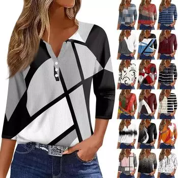 Женская футболка с принтом на пуговицах, рукав 3/4, вязаный свитер, повседневный, модный, на выходные, базовый, с V-образным вырезом, обычный топ L бежевый