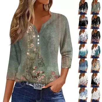 Женская футболка с принтом на пуговицах, рукав 3/4, вязаный свитер, повседневный, модный, на выходные, базовый, с V-образным вырезом, обычный топ L армия зеленый