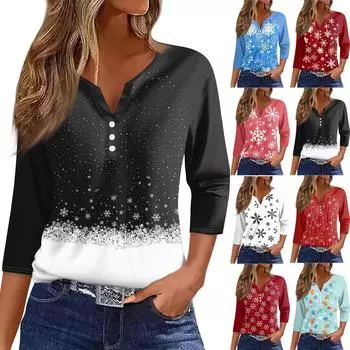 Женская футболка с принтом на пуговицах, рукав 3/4, рукав реглан, повседневная мода на выходные, базовый топ с V-образным вырезом, стандартный топ на Рождество L