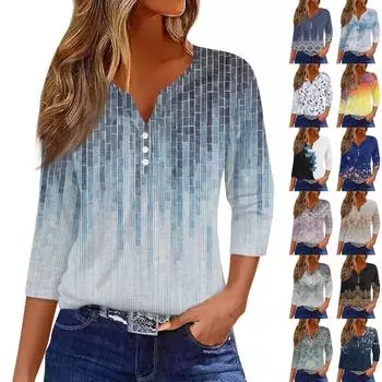 Женская футболка с принтом на пуговицах, рукав 3/4, вязаный свитер, повседневный, модный, на выходные, базовый, с V-образным вырезом, обычный топ L чёрный