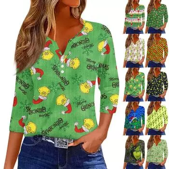 Женская футболка с принтом на пуговицах, рукав 3/4, трикотаж, повседневный, модный, на выходных, базовый, с V-образным вырезом, обычный топ L