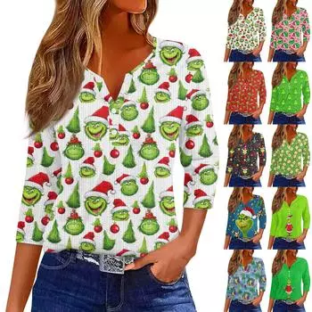 Женская футболка с принтом на пуговицах, рукав 3/4, трикотаж, повседневный, модный, на выходных, базовый, с V-образным вырезом, обычный топ S зелёный