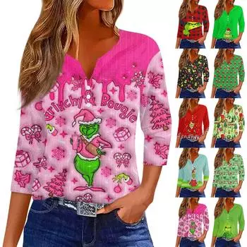 Женская футболка с принтом на пуговицах, рукав 3/4, трикотаж, повседневный, модный, на выходных, базовый, с V-образным вырезом, обычный топ S винный