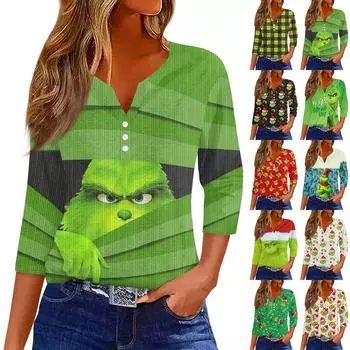 Женская футболка с принтом на пуговицах, рукав 3/4, трикотаж, повседневный, модный, на выходных, базовый, с V-образным вырезом, обычный топ XL чёрный