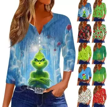 Женская футболка с принтом на пуговицах, рукав 3/4, трикотаж, повседневный, модный, на выходных, базовый, с V-образным вырезом, обычный топ S