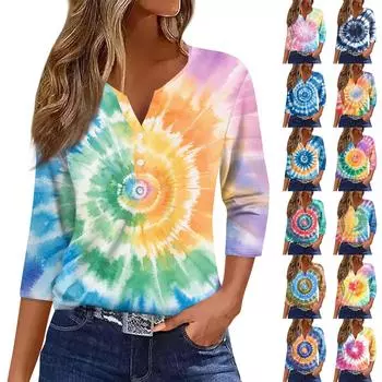 Женская футболка с принтом на пуговицах, рукав 3/4, туника, повседневная мода на выходные, базовый топ с V-образным вырезом L