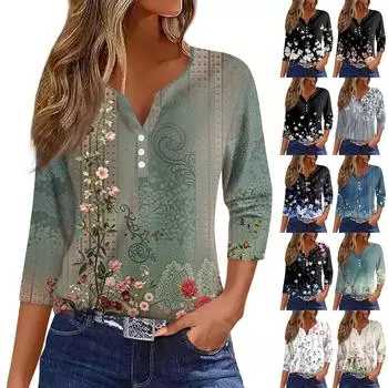 Женская футболка с принтом на пуговицах, рукав 3/4, туника, повседневная мода на выходные, базовый топ с V-образным вырезом M