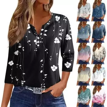 Женская футболка с принтом на пуговицах, рукав 3/4, туника, повседневная мода на выходные, базовый топ с V-образным вырезом XL