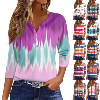 Женская футболка с принтом на пуговицах, рукав 3/4, туника, повседневная мода на выходные, базовый топ с V-образным вырезом XXL
