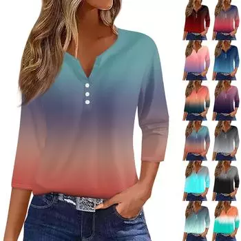 Женская футболка с принтом на пуговицах, рукав 3/4, туника, повседневная мода на выходные, базовый топ с V-образным вырезом M циан