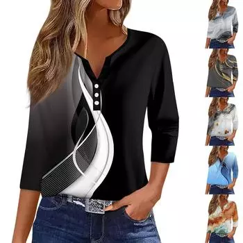 Женская футболка с принтом на пуговицах, рукав 3/4, туника, повседневная мода на выходные, базовый топ с V-образным вырезом S синий