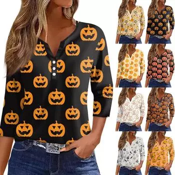 Женская футболка с принтом на пуговицах, рукавом 3/4, повседневная мода на выходные, базовый топ с V-образным вырезом M оранжевый