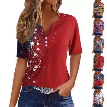 Женская футболка с принтом на пуговицах с коротким рукавом, повседневная, выходного дня, модная, базовая, с V-образным вырезом, обычная XXL