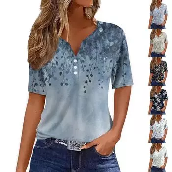 Женская футболка с принтом на пуговицах с коротким рукавом, повседневная, выходного дня, модная, базовая, с V-образным вырезом, обычная L чёрный