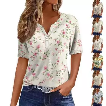 Женская футболка с принтом на пуговицах с коротким рукавом, повседневная, выходного дня, модная, базовая, с V-образным вырезом, обычная L верблюд