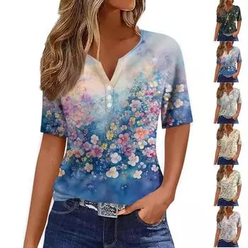 Женская футболка с принтом на пуговицах с коротким рукавом, повседневная, выходного дня, модная, базовая, с V-образным вырезом, обычная L верблюд