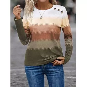 Женская футболка с принтом на пуговицах с длинным рукавом, повседневная, выходного дня, модная, базовая, с круглым вырезом, обычная S синий