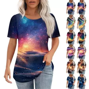 Женская футболка с принтом неба, модная, повседневная, с круглым вырезом и коротким рукавом L синий