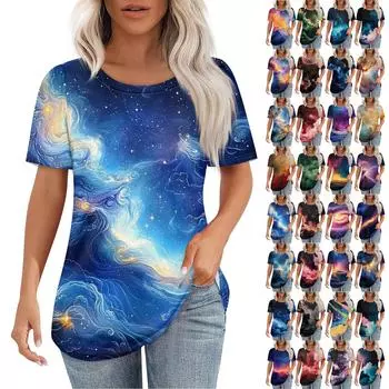 Женская футболка с принтом неба, модная, повседневная, с круглым вырезом и коротким рукавом L синий