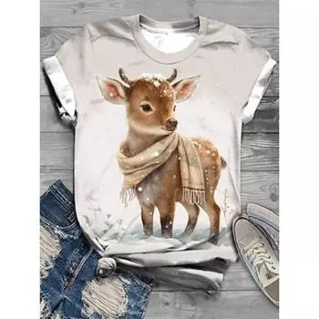 Женская футболка с принтом оленей, выходные, фестиваль / праздник, короткий рукав, круглый вырез, черный, лето S