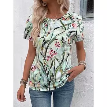 Женская футболка с принтом Ombre Floral Print, повседневная, стильная, с коротким рукавом, с круглым вырезом, зеленая, летняя S
