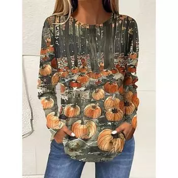 Женская футболка с принтом «омбре» на Хэллоуин, повседневная, с длинным рукавом, круглым вырезом, с круглым вырезом, оранжевая, весна-осень S