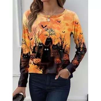 Женская футболка с принтом омбре на Хэллоуин, повседневная, с длинным рукавом, круглым вырезом, круглым вырезом, черная, весна-осень S