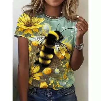 Женская футболка с принтом пасхального яйца, футболка с 3D-принтом в виде мультяшного животного, повседневная свободная футболка, круглый вырез, короткий рукав, пчела, кот XS