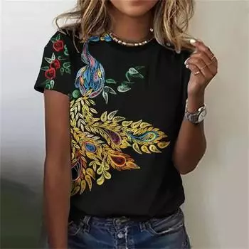 Женская футболка с принтом павлина в стиле ретро, повседневный женский свитер Harajuku с круглым вырезом, летний повседневный топ с короткими рукавами XS