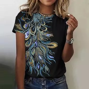 Женская футболка с принтом перьев в стиле ретро, женский повседневный пуловер с круглым вырезом в стиле Харадзюку, летняя свободная футболка с короткими рукавами, повседневный топ 2XL