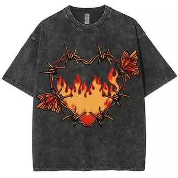 Женская футболка с принтом пламени и сердец, выстиранная, оверсайз, с коротким рукавом, романтичный элегантный дизайн, топ на каждый день S