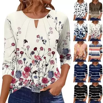 Женская футболка с принтом, плиссированная, рукав 3/4, повседневная, модная, на выходные, базовая, с круглым вырезом, стандартный топ XXL белый