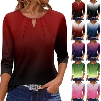 Женская футболка с принтом, плиссированная, рукав 3/4, повседневная, модная, на выходные, базовая, с круглым вырезом, стандартный топ XXXL зелёный