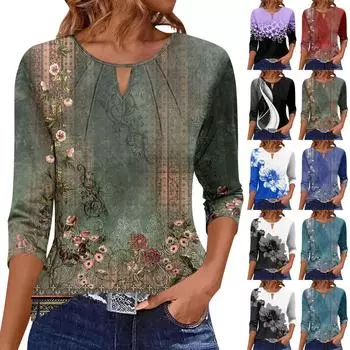 Женская футболка с принтом, плиссированная, рукав 3/4, повседневная, модная, на выходные, базовая, с круглым вырезом, стандартный топ XXXL чёрный