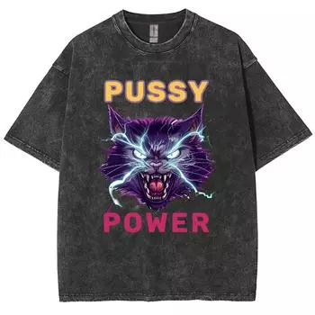 Женская футболка с принтом Power Cat, оверсайз, тренд Y2K, хип-хоп, ретро, с коротким рукавом, повседневный топ в стиле харадзюку, лето S
