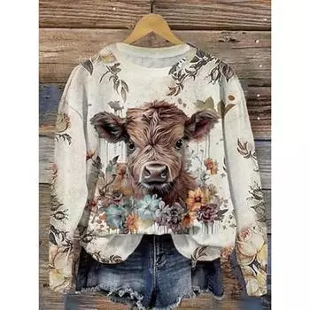 Женская футболка с принтом, повседневная, с длинным рукавом, круглым вырезом, цвета хаки, весна и осень S