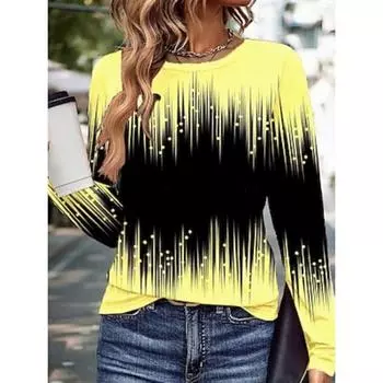 Женская футболка с принтом, повседневная, с длинным рукавом, с круглым вырезом, желтая, весна-осень S