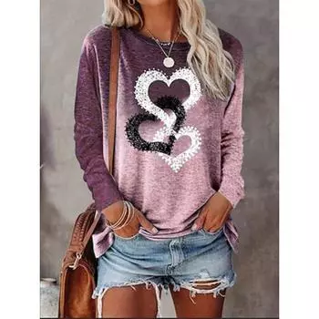 Женская футболка с принтом, повседневная, с длинным рукавом, круглым вырезом, фиолетовая, весна-осень S