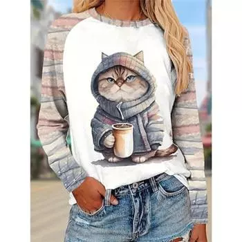 Женская футболка с принтом, повседневная, с длинным рукавом, круглым вырезом, цвета хаки, весна и осень S