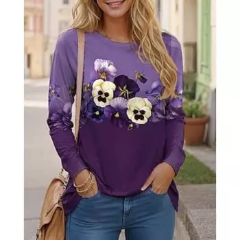 Женская футболка с принтом, повседневная, с длинным рукавом, круглым вырезом, черная, весна-осень S