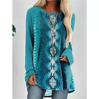 Женская футболка с принтом, повседневная, винтажная, с длинным рукавом, с круглым вырезом, синяя, весна и осень S