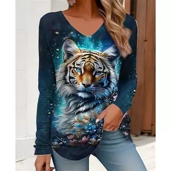Женская футболка с принтом, повседневная, выходного дня, модная, с длинным рукавом, с V-образным вырезом, синяя, весна и осень S