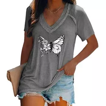 Женская футболка с принтом, пуловер, облегающий топ, женская модная футболка с v-образным вырезом, летняя повседневная футболка с короткими рукавами