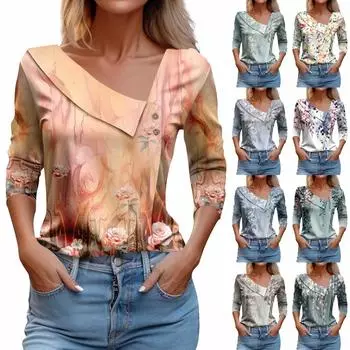 Женская футболка с принтом, пуловер с рукавами 3/4 и V-образным вырезом и пуговицами