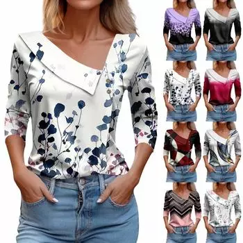 Женская футболка с принтом, пуловер с рукавами 3/4 и V-образным вырезом и пуговицами M чёрный